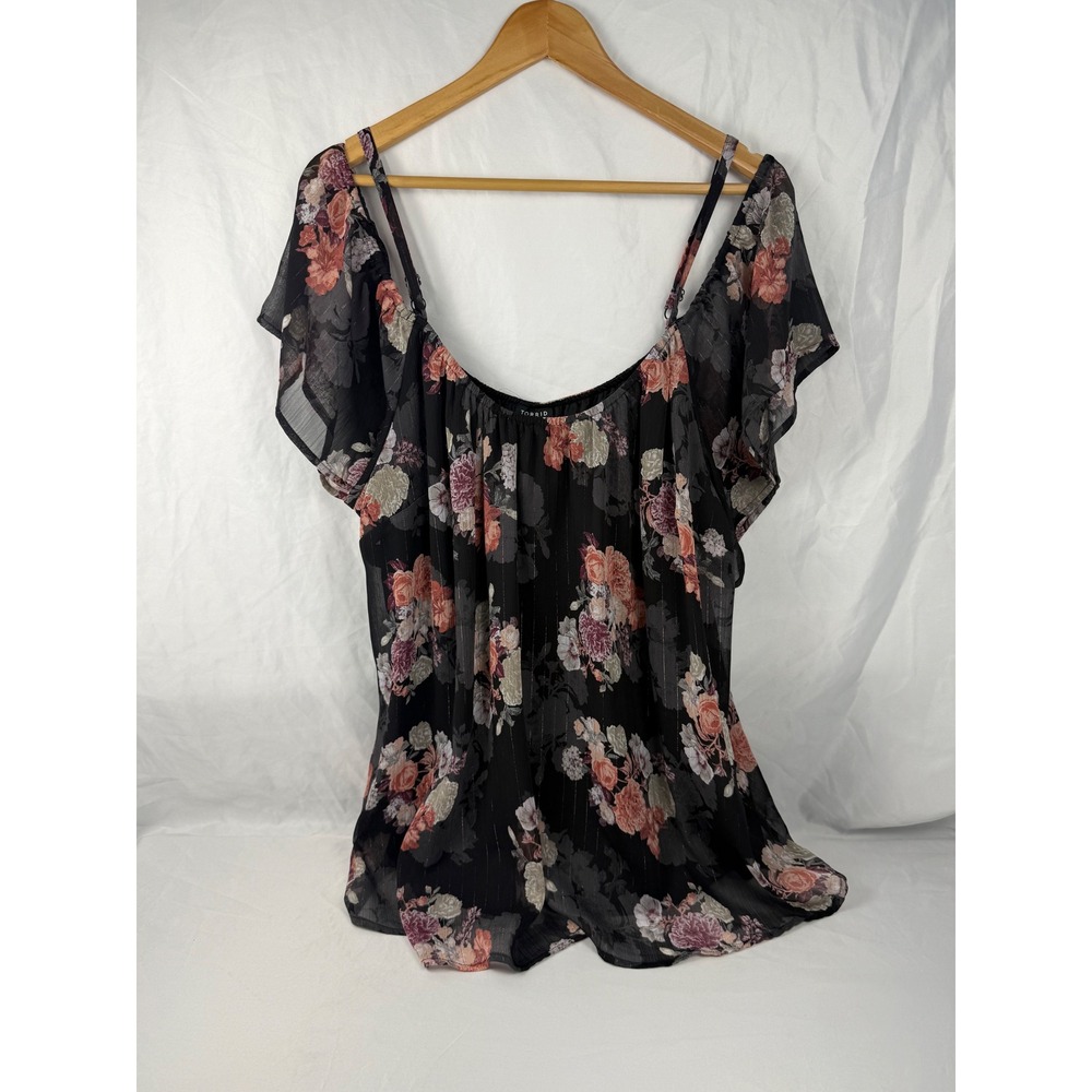 Torrid Black Floral Metallic Pinstripe Cold Shoulder Chiffon Blouse Top Size 2X